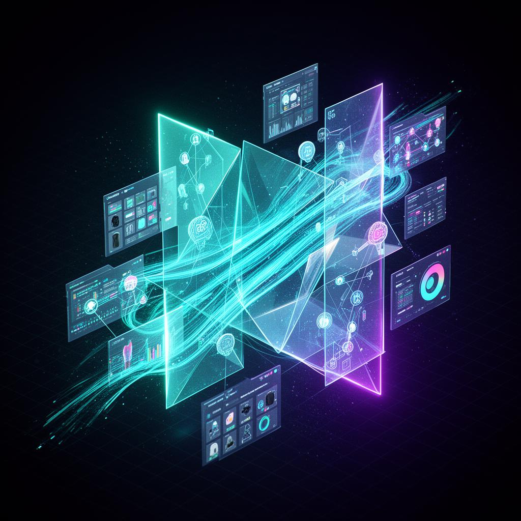 AI-powered agentic commerce visualization with neon data streams and holographic interfaces